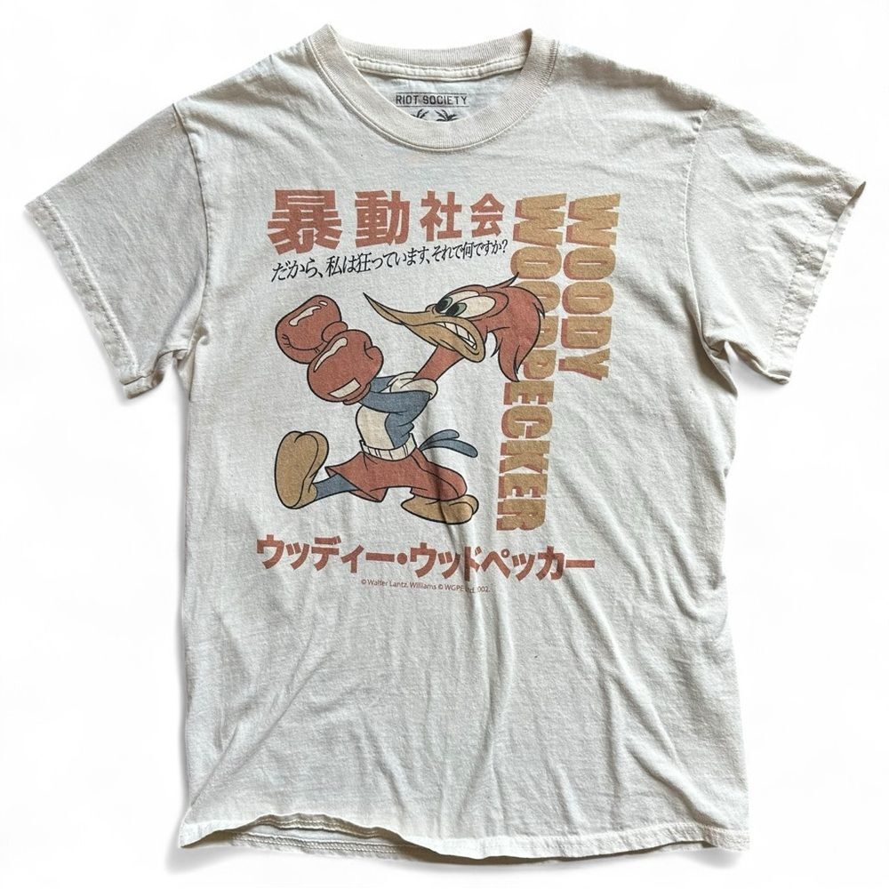 Riot Society Japanese Woody Woodpecker Graphic Tee Cream Small Casual Streetwear